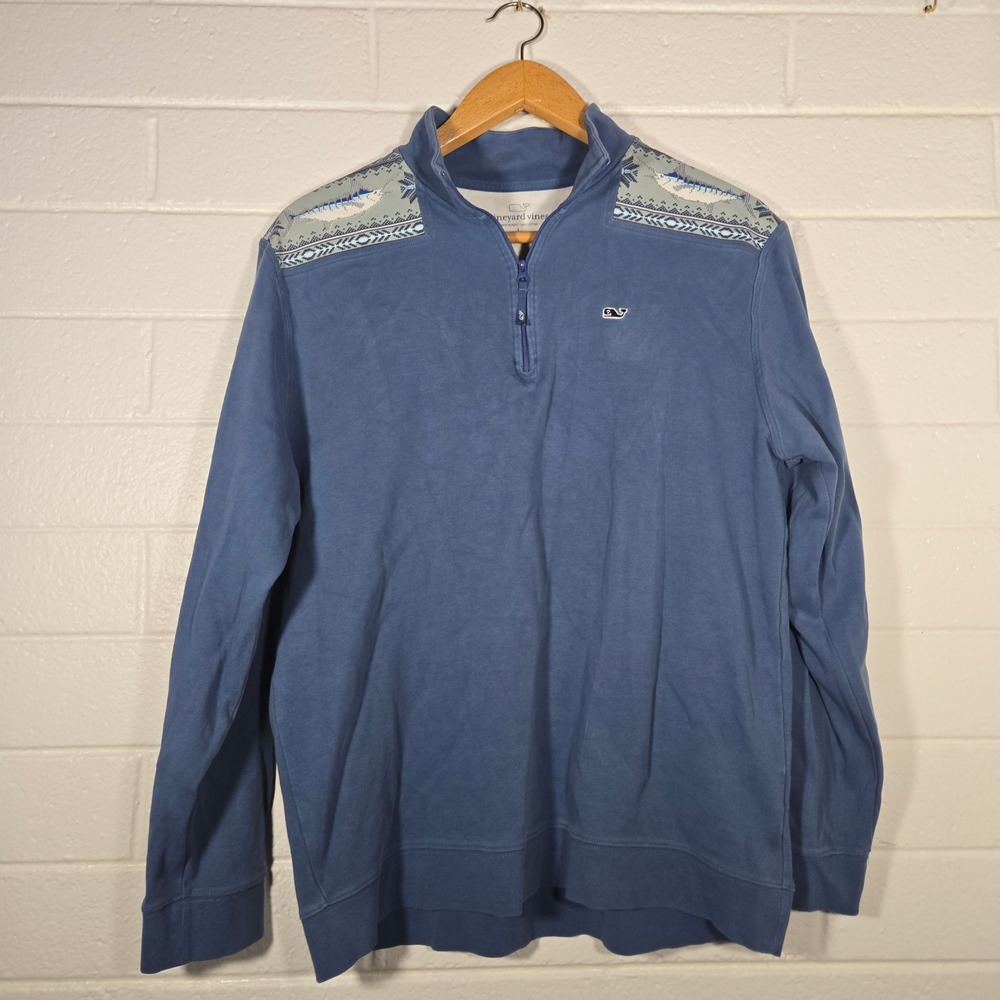 Vineyard Vines Saltwater 1/4 Zip Pullover‎ Large Coastal Fish Winter Cotton Yoke